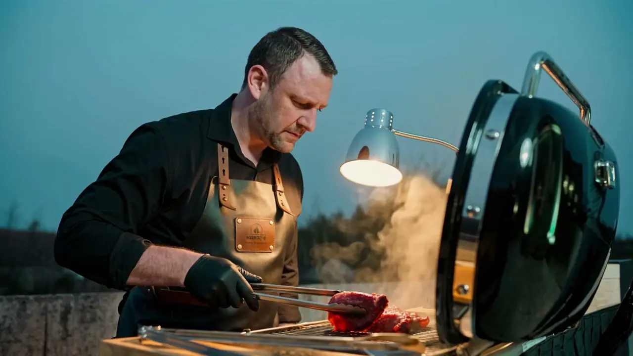 Honza, Head Grill Master, u grilu Weber Traveler v kouři nad Prahou